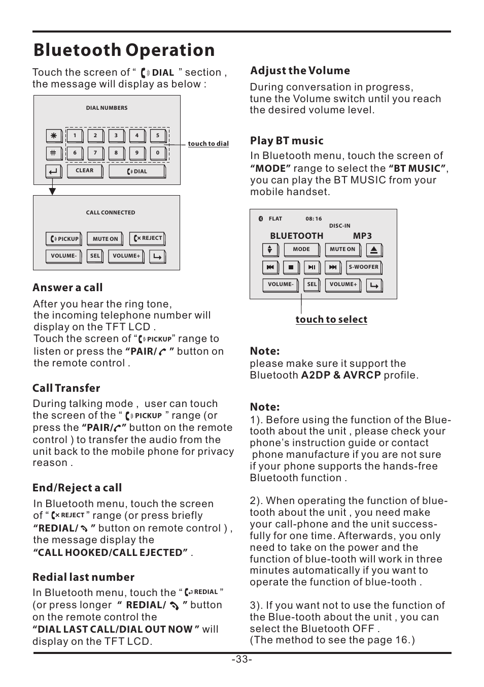Bluetooth operation, Adjust the volume, Answer a call | Call transfer, End/reject a call, Redial last number, Play bt music | EXONIC EXD 7085 User Manual | Page 33 / 38