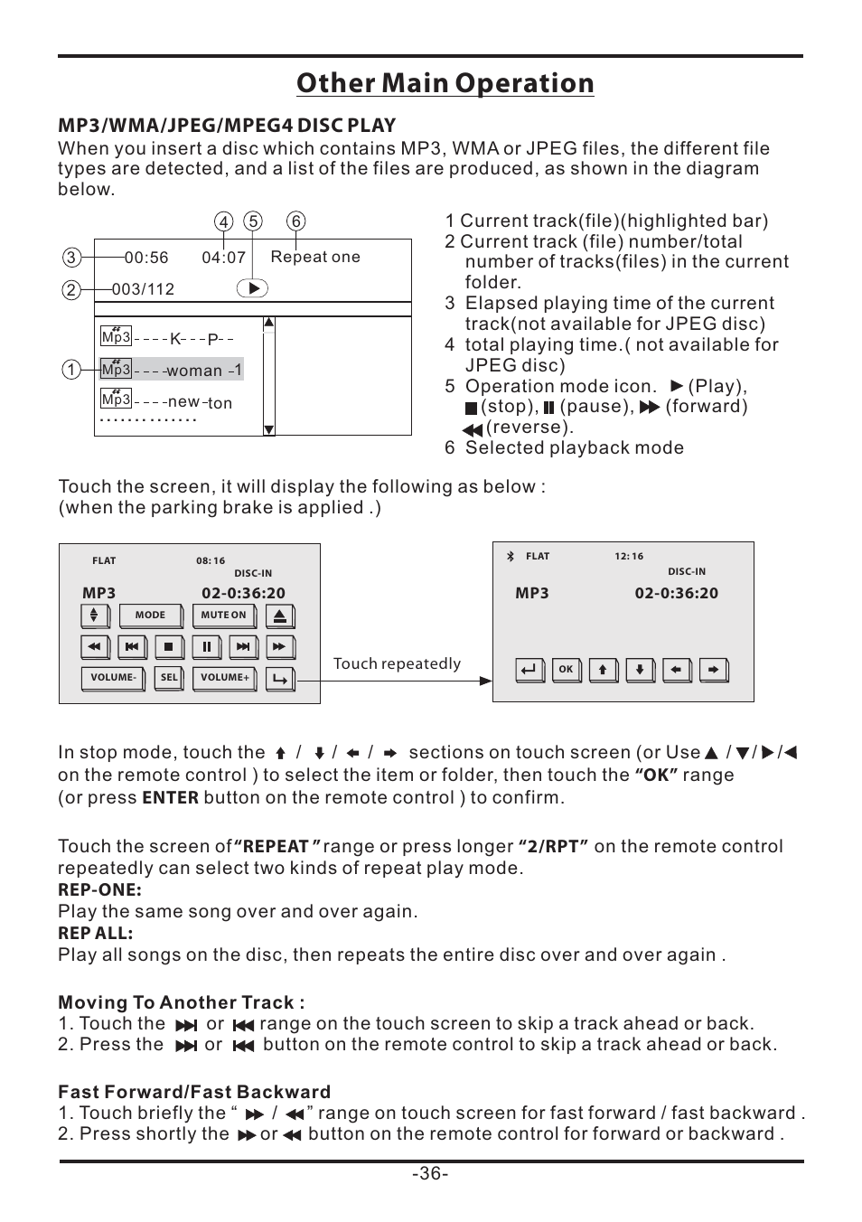 Other main operation, Mp3/wma/jpeg/mpeg4 disc play | EXONIC EXD 7085 User Manual | Page 36 / 38