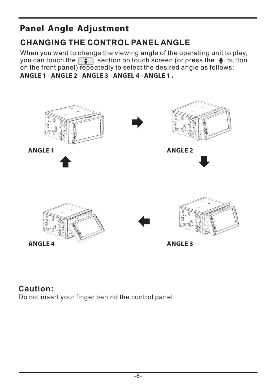 Panel angle adjustment, Caution, Changing the control panel angle | EXONIC EXD 7085 User Manual | Page 8 / 38