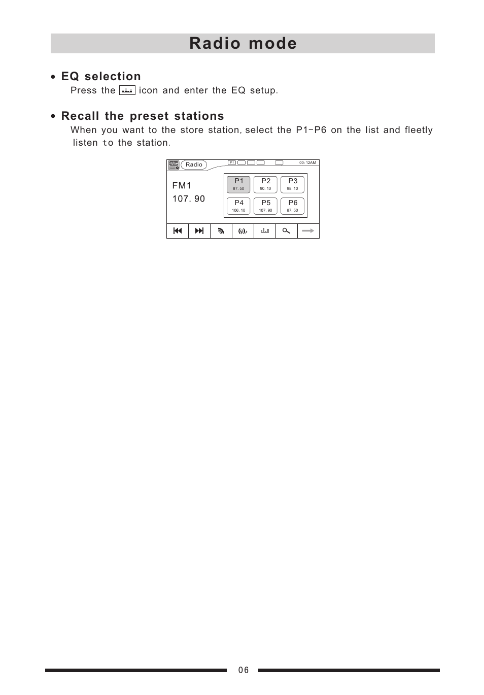 Radio mode, Recall the stations, Selection | Preset | EXONIC EXD 7088 User Manual | Page 10 / 38