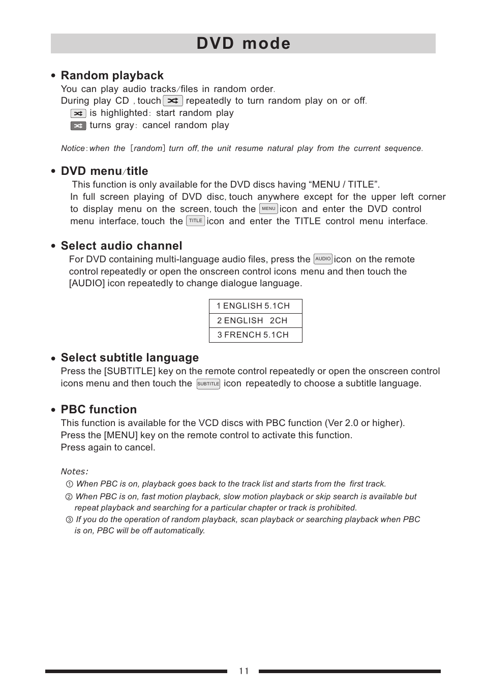 Dvd mode, Menu, Title | Random playback, Select audio channel, Select subtitle language pbc function | EXONIC EXD 7088 User Manual | Page 15 / 38