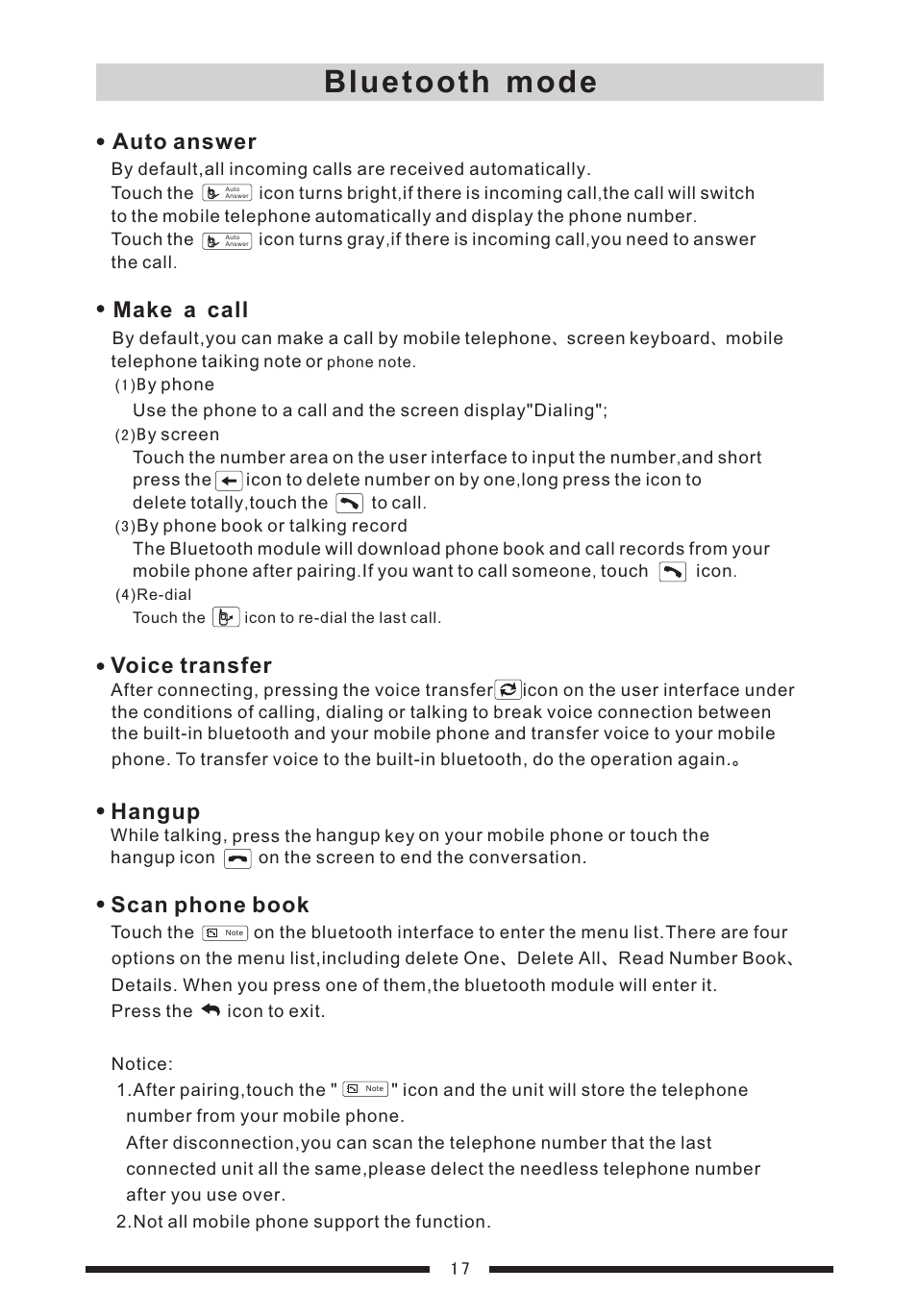Bluetooth mode, Auto answer, Make a call | Voice transfer, Hangup, Scan phone book | EXONIC EXD 7088 User Manual | Page 21 / 38