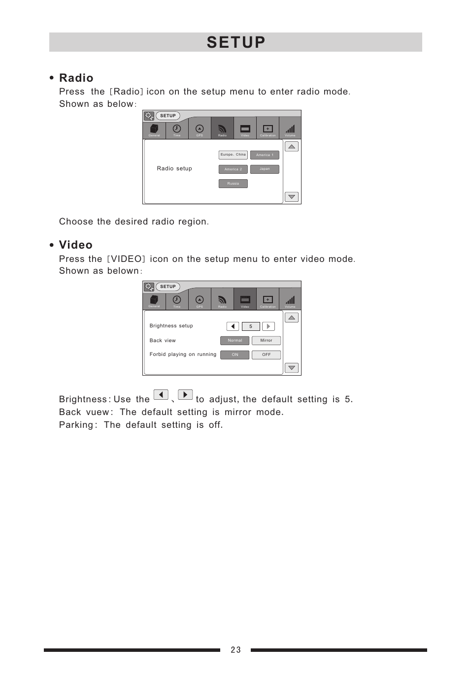 Setup, Radio, Video | EXONIC EXD 7088 User Manual | Page 27 / 38