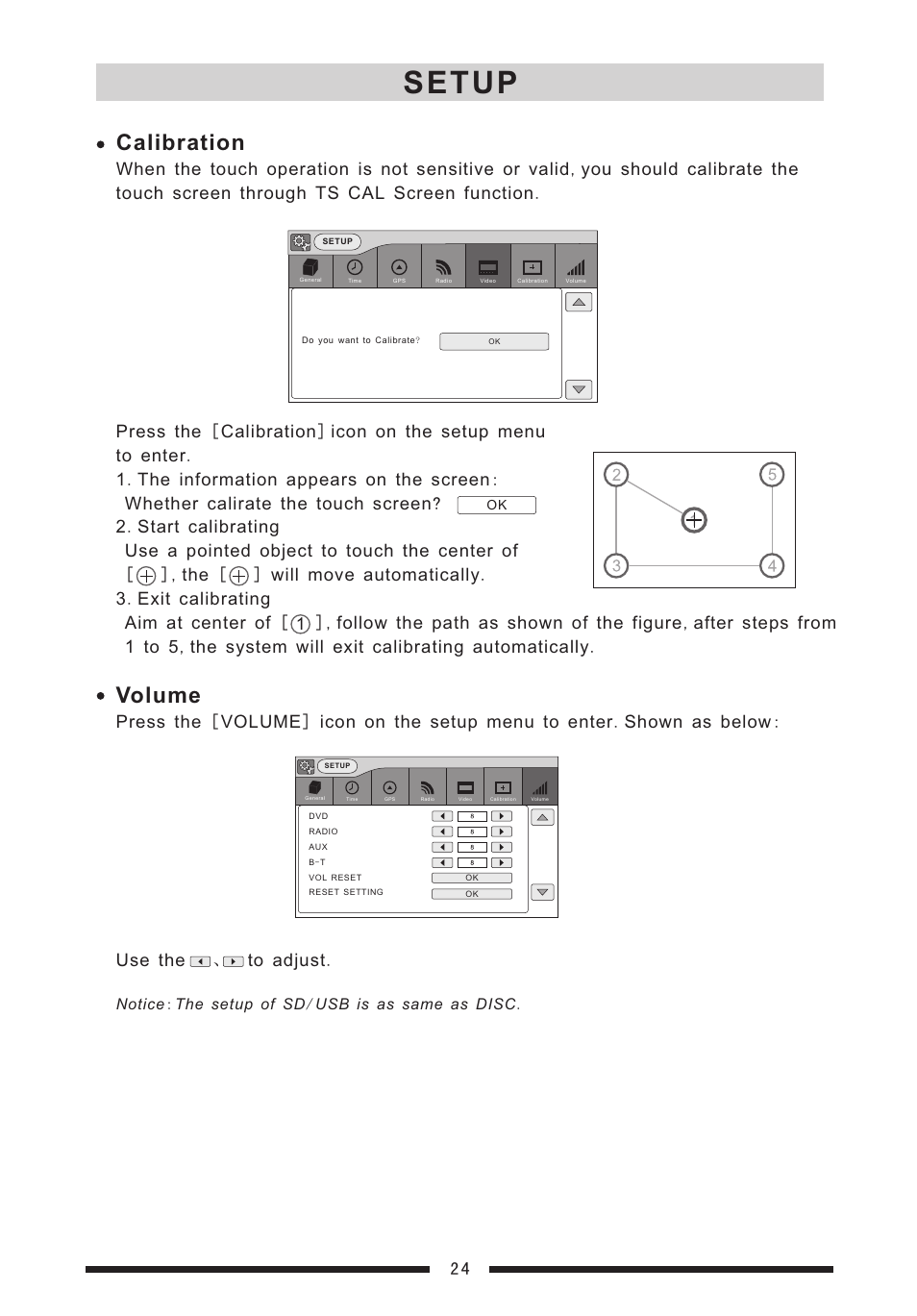 Setup, Calibration, Volume | Notice : the setup of sd / usb is as same as disc | EXONIC EXD 7088 User Manual | Page 28 / 38