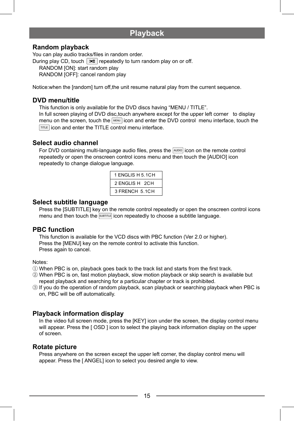 Playback, Random playback, Dvd menu/title | Select audio channel, Select subtitle language, Pbc function, Playback information display, Rotate picture | EXONIC EXD 7088GPS1 User Manual | Page 14 / 32