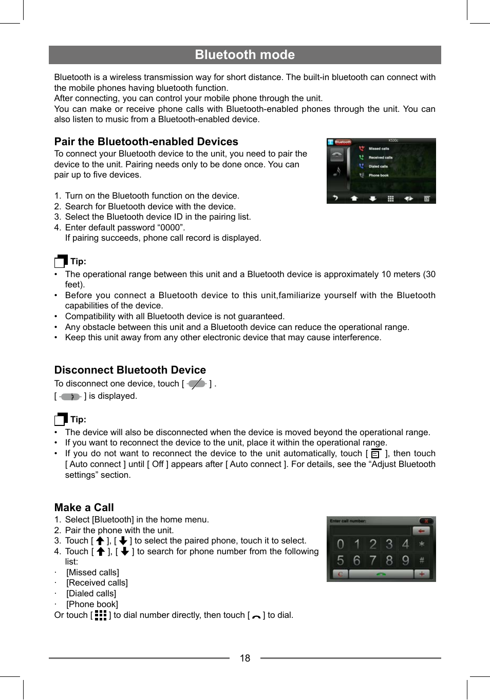 Bluetooth mode, Pair the bluetooth-enabled devices, Disconnect bluetooth device | Make a call | EXONIC EXD 7088GPS1 User Manual | Page 17 / 32