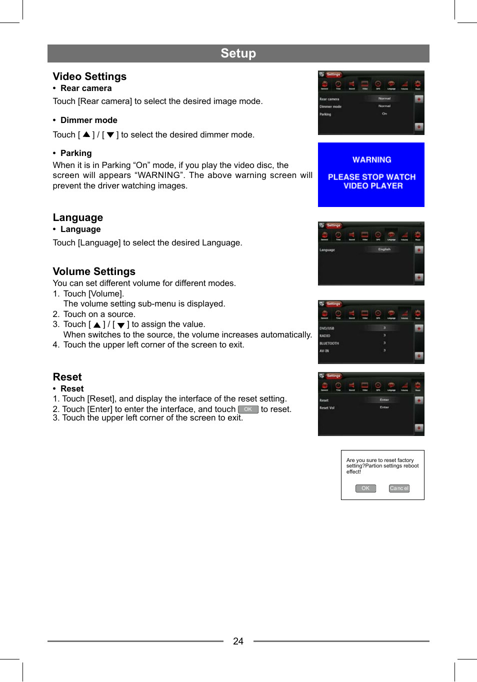 Setup, Video settings, Language | Volume settings, Reset | EXONIC EXD 7088GPS1 User Manual | Page 23 / 32