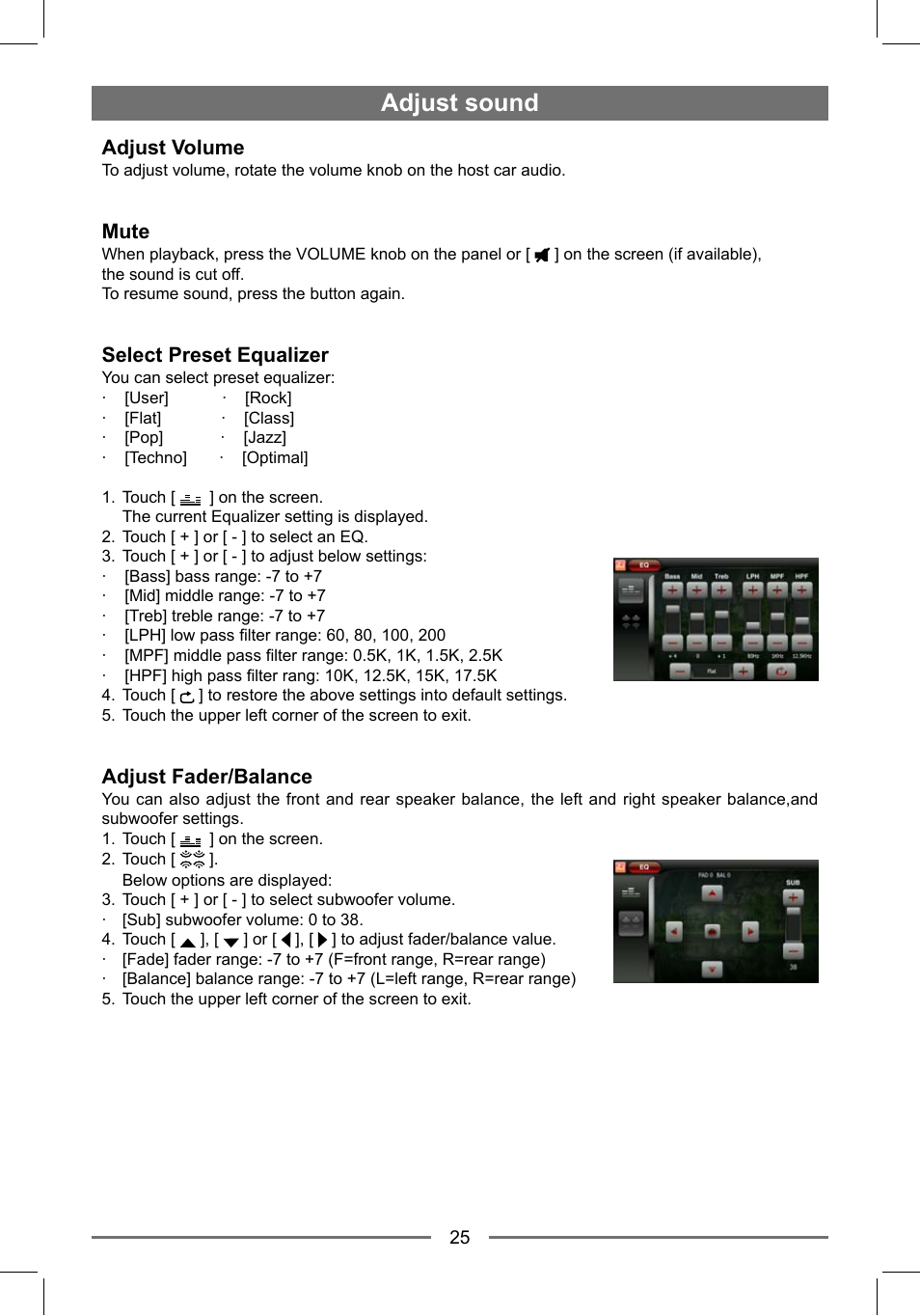 Adjust sound, Adjust volume, Mute | Select preset equalizer, Adjust fader/balance | EXONIC EXD 7088GPS1 User Manual | Page 24 / 32