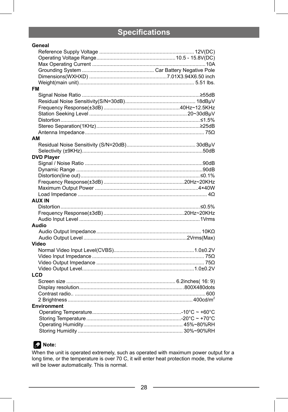 Specifications | EXONIC EXD 7088GPS1 User Manual | Page 27 / 32