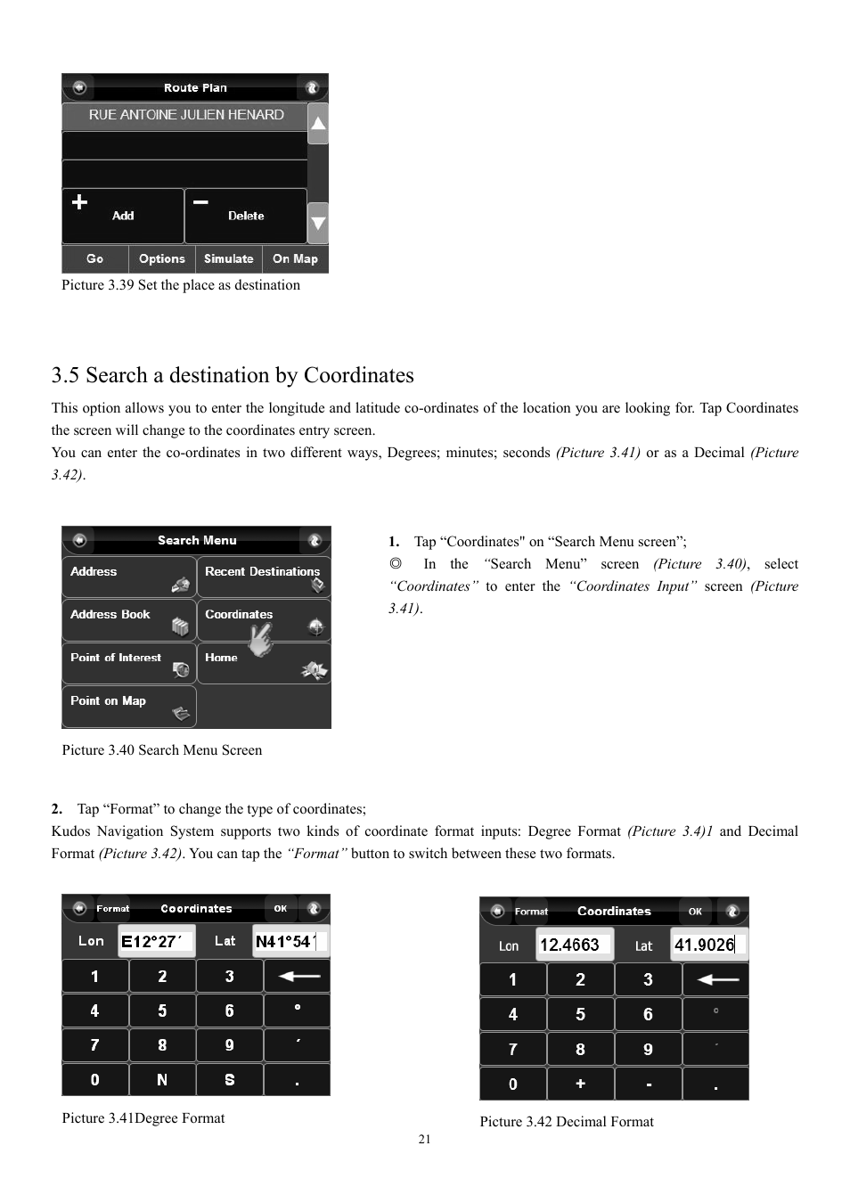5 search a destination by coordinates | EXONIC EXD 7088GPS2 User Manual | Page 25 / 48
