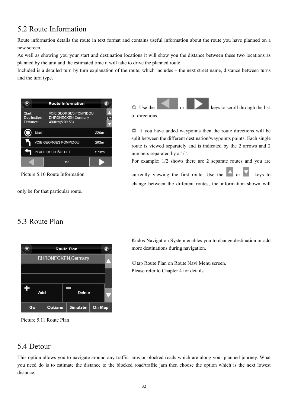 2 route information, 3 route plan, 4 detour | EXONIC EXD 7088GPS2 User Manual | Page 36 / 48
