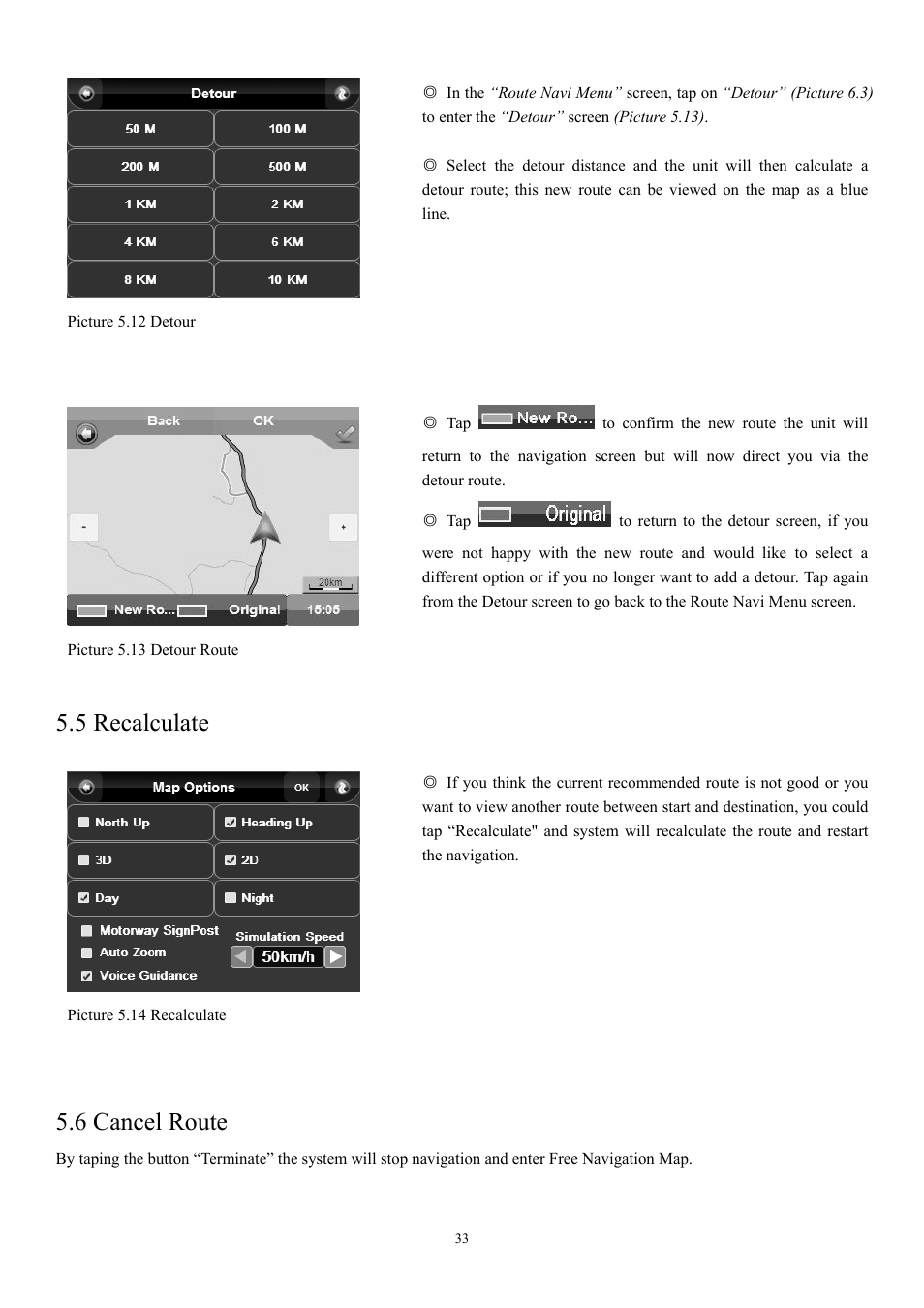 5 recalculate, 6 cancel route | EXONIC EXD 7088GPS2 User Manual | Page 37 / 48