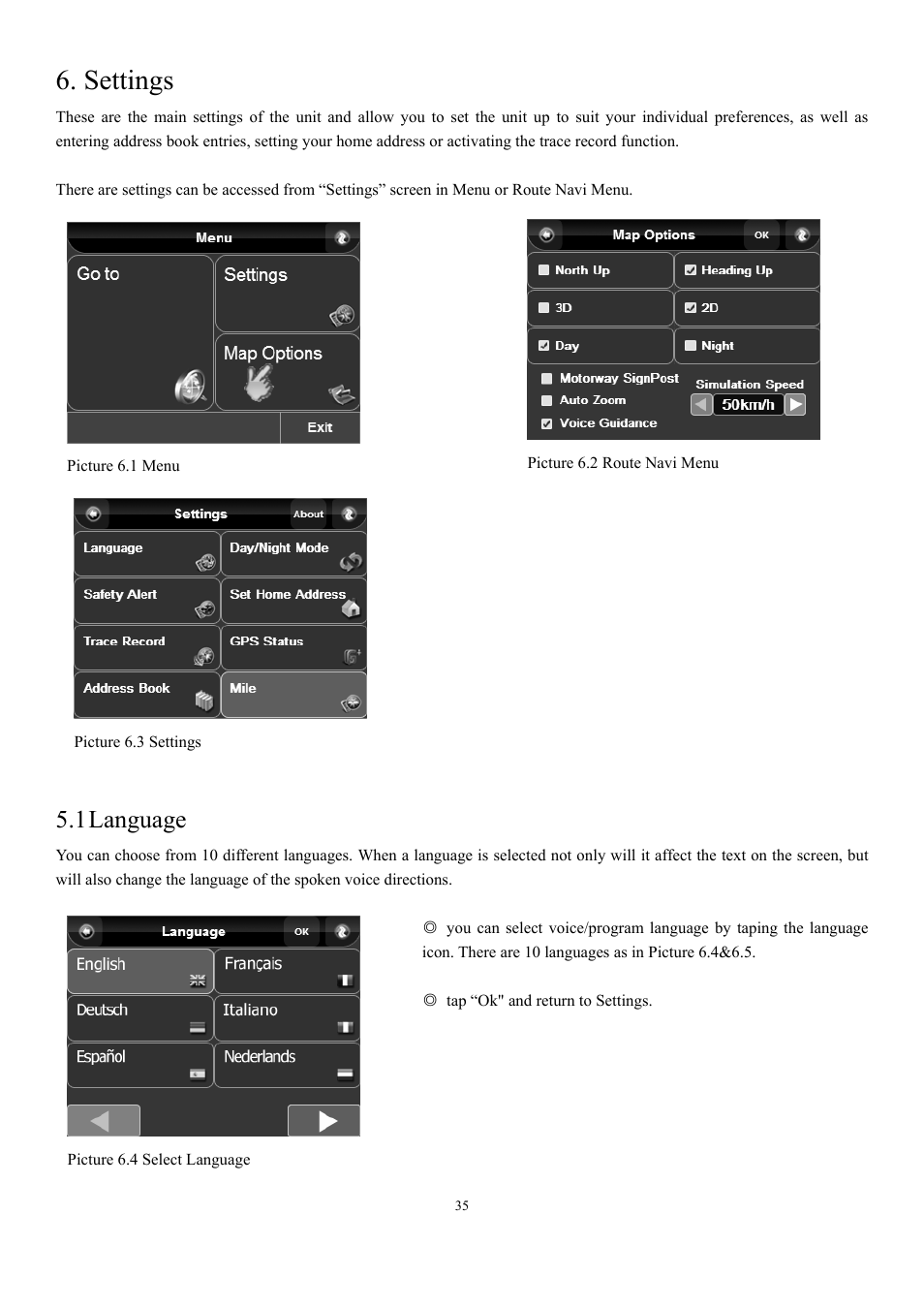 Settings, 1 language | EXONIC EXD 7088GPS2 User Manual | Page 39 / 48