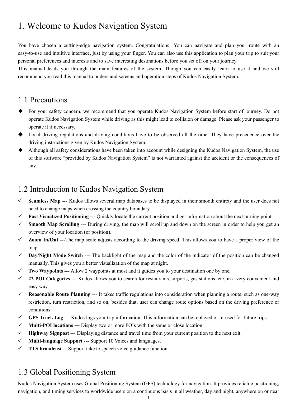 Welcome to kudos navigation system, 1 precautions, 2 introduction to kudos navigation system | 3 global positioning system | EXONIC EXD 7088GPS2 User Manual | Page 5 / 48