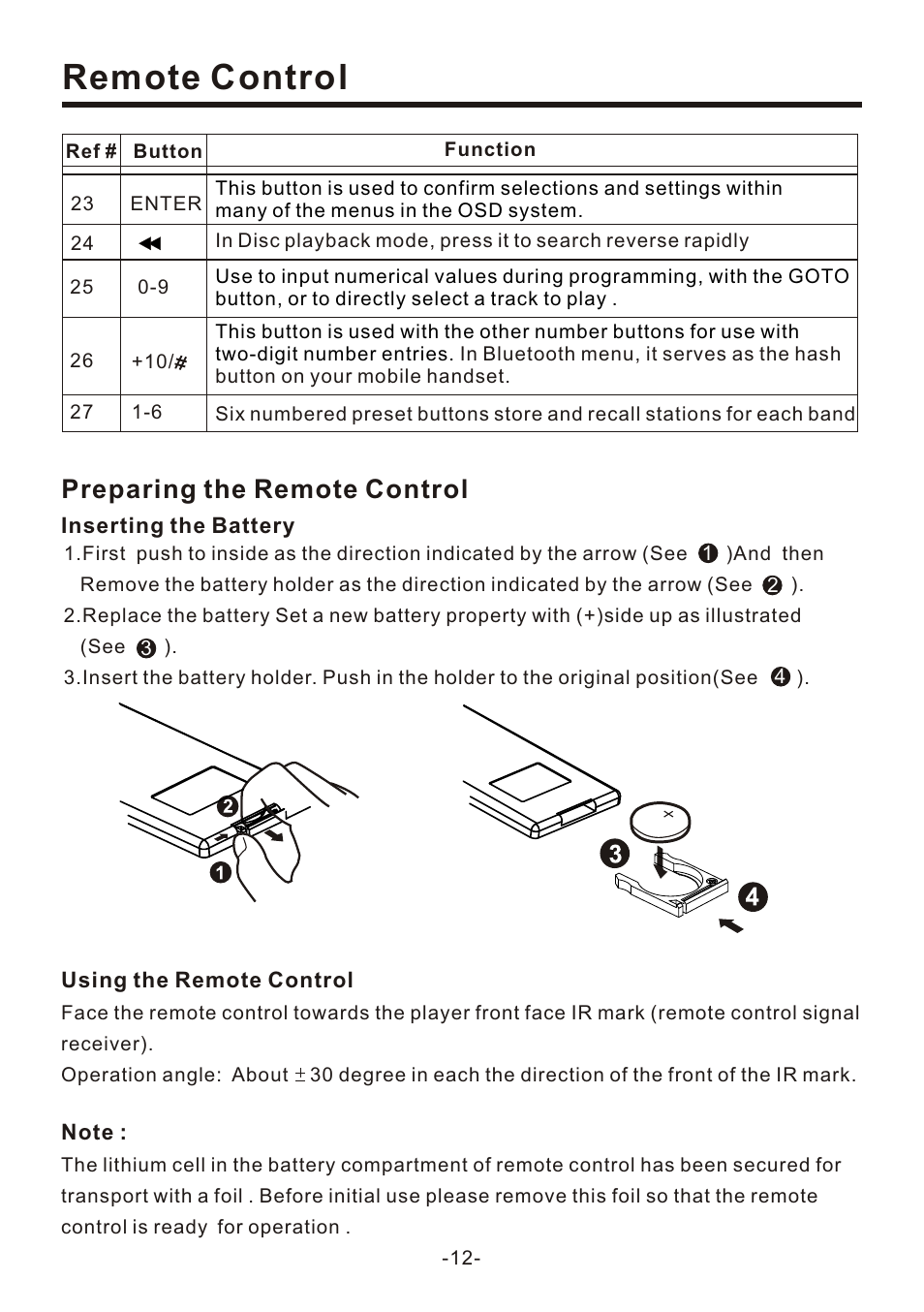 页 12, Remote control, Preparing the remote control | EXONIC EXD 7095 User Manual | Page 12 / 40