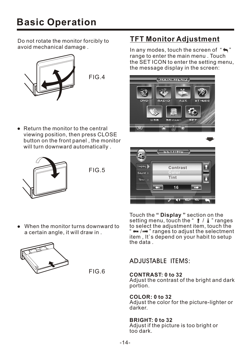 页 14, Basic operation, Tft monitor adjustment | Adjustable items | EXONIC EXD 7095 User Manual | Page 14 / 40