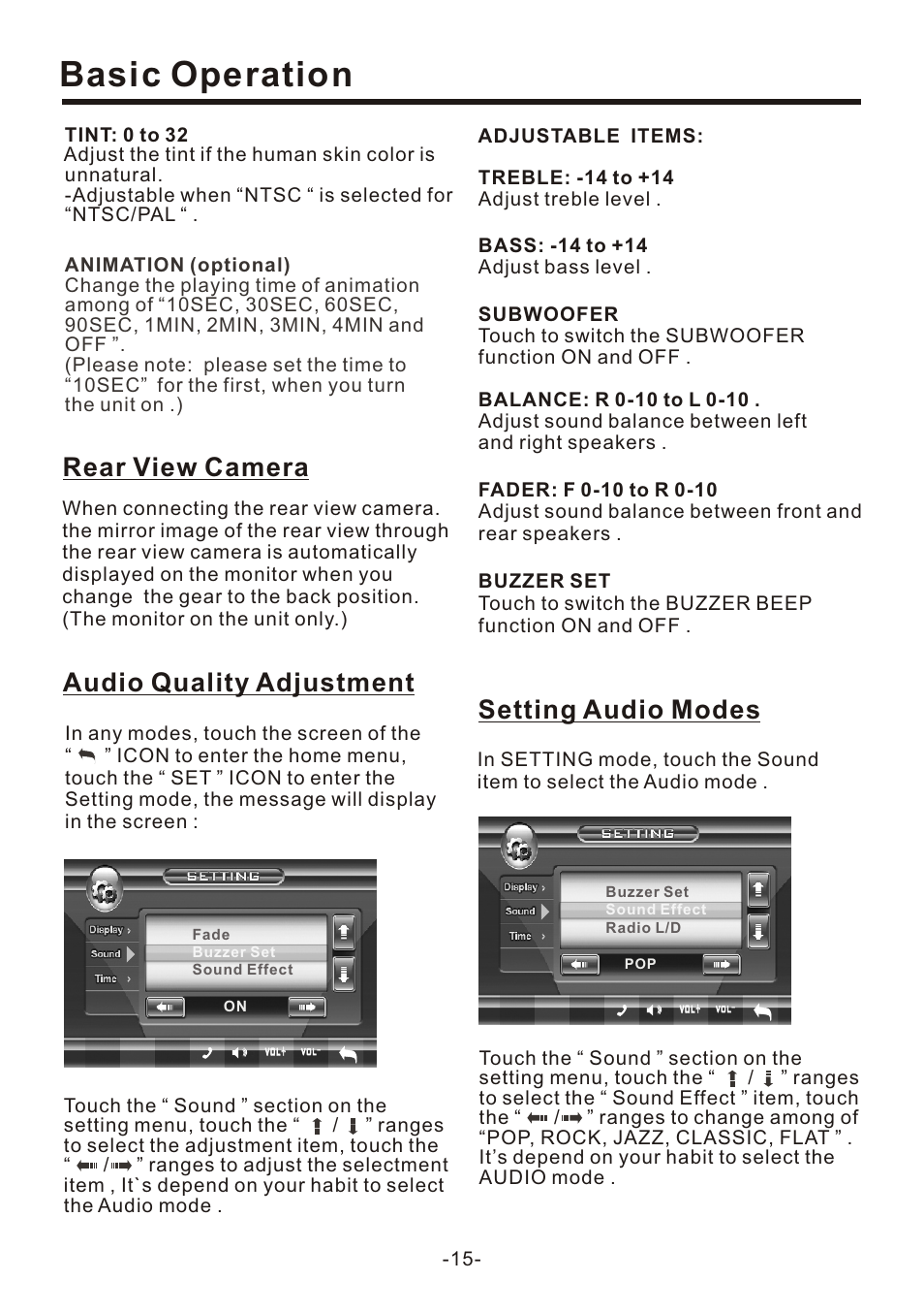 页 15, Basic operation, Rear view camera | Setting audio modes, Audio quality adjustment | EXONIC EXD 7095 User Manual | Page 15 / 40