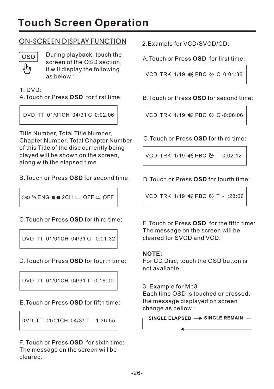 页 26, Touch screen operation, On-screen display function | EXONIC EXD 7095 User Manual | Page 26 / 40