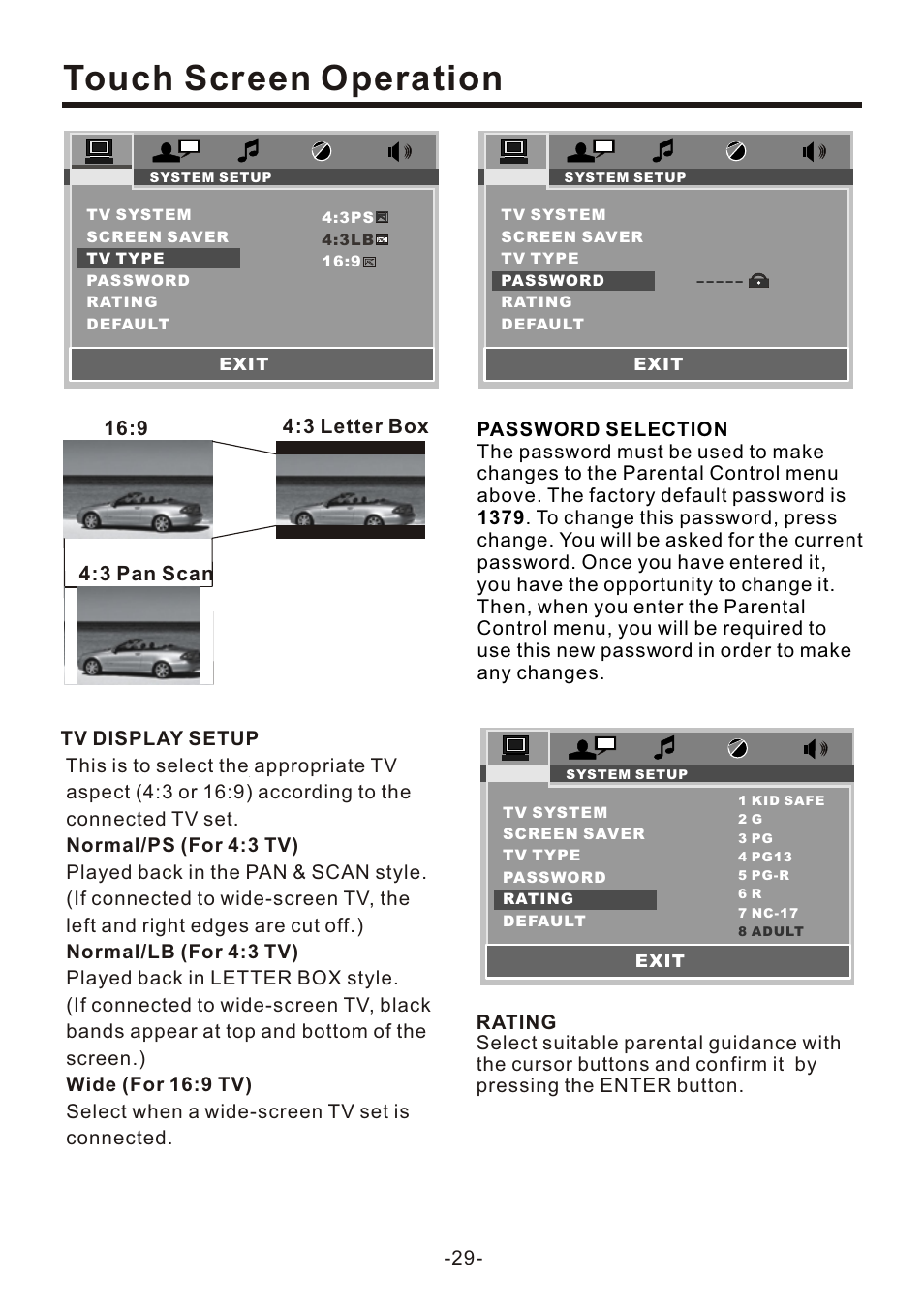 页 29, Touch screen operation | EXONIC EXD 7095 User Manual | Page 29 / 40