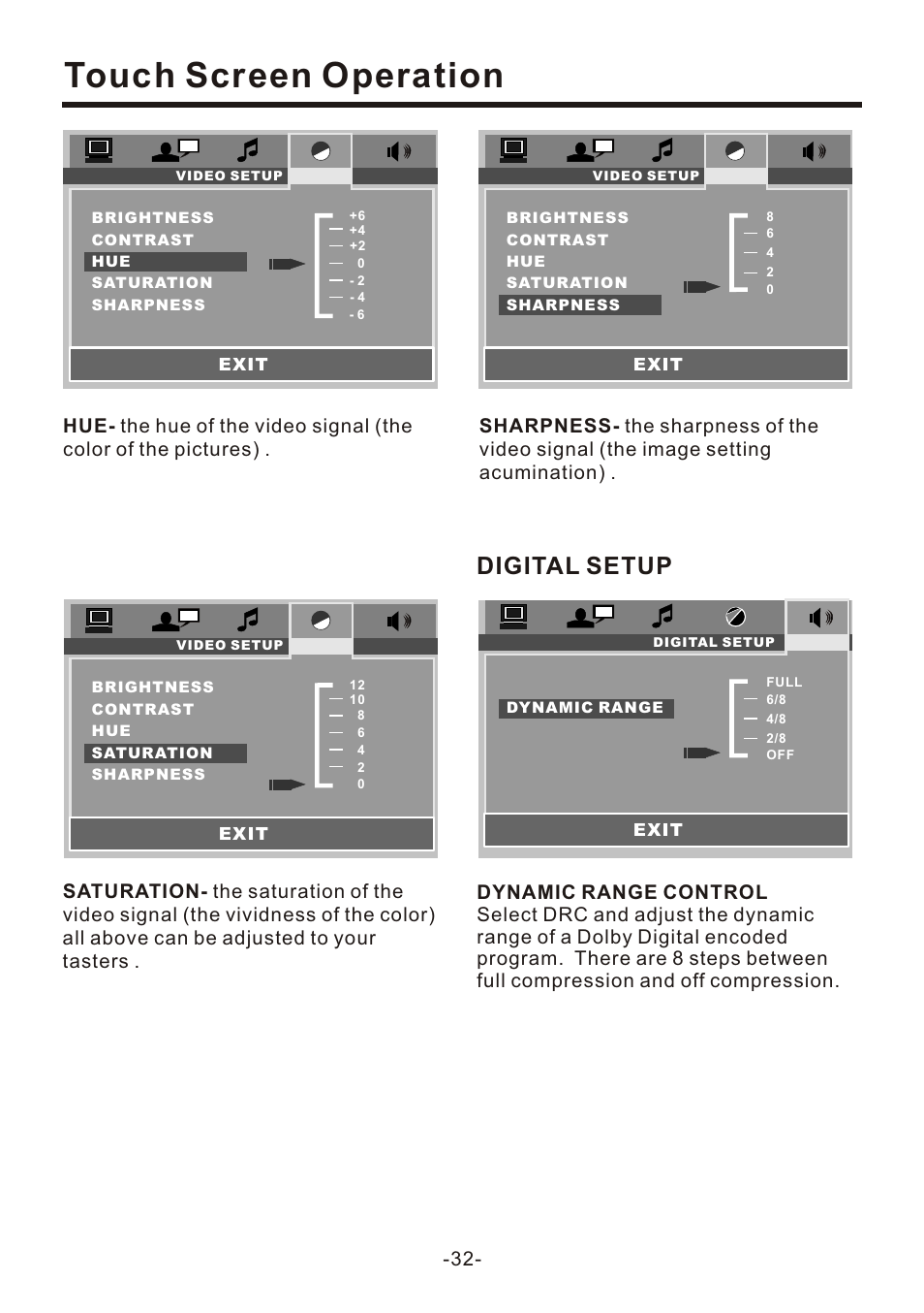 页 32, Touch screen operation, Digital setup | EXONIC EXD 7095 User Manual | Page 32 / 40