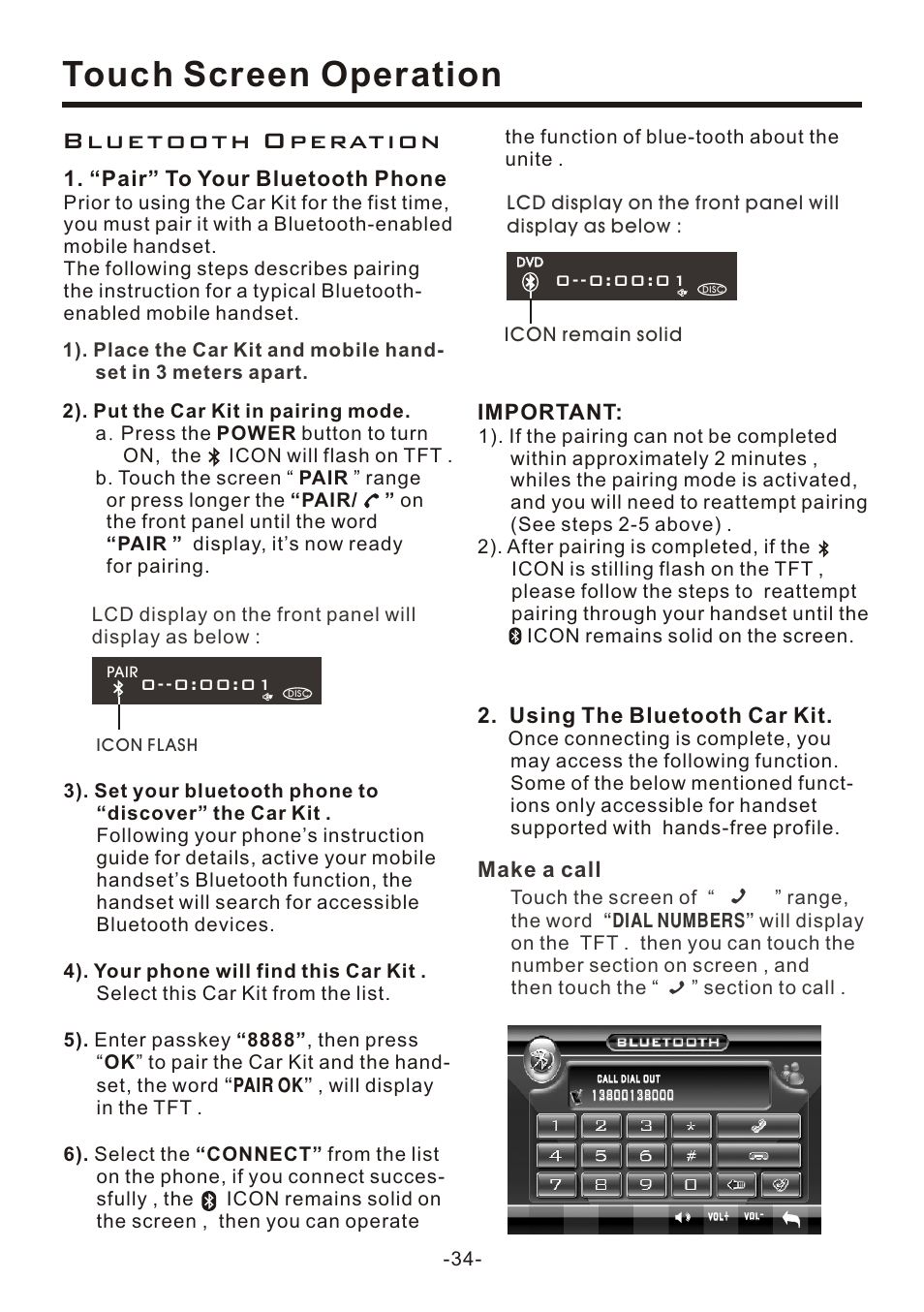 页 34, Touch screen operation, Bluetooth operation | EXONIC EXD 7095 User Manual | Page 34 / 40