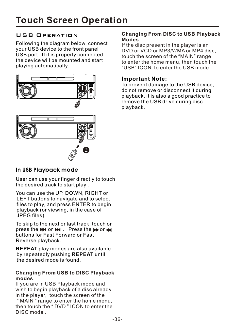 页 36, Touch screen operation, Usb operation | EXONIC EXD 7095 User Manual | Page 36 / 40