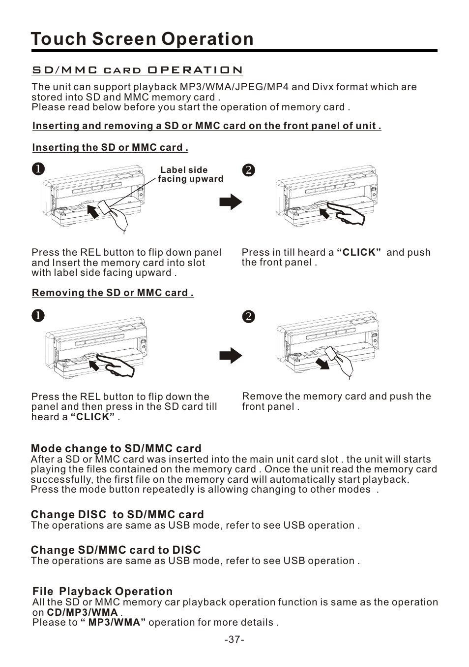 页 37, Touch screen operation, Sd/mmc card operation | EXONIC EXD 7095 User Manual | Page 37 / 40