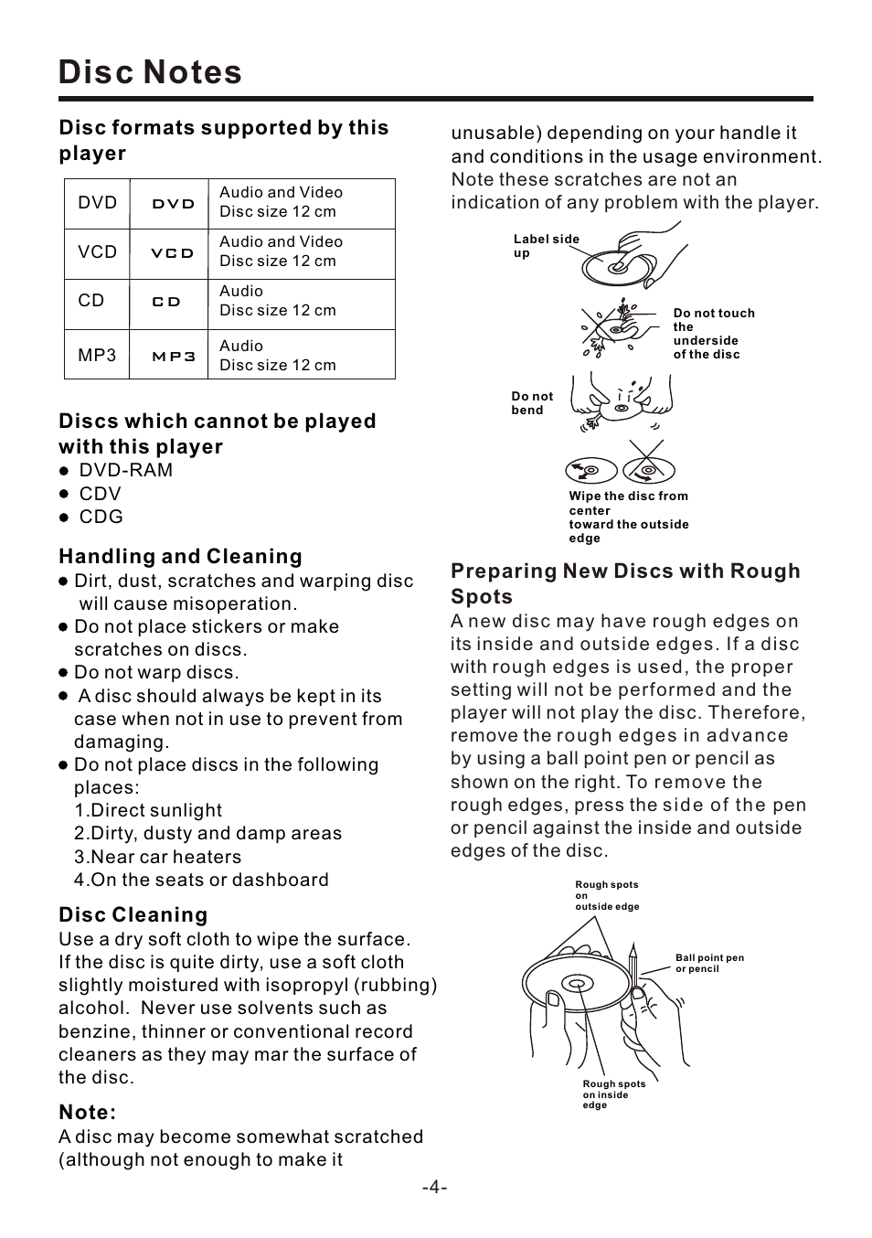 Preparing new discs with rough spots, Disc cleaning, Handling and cleaning | Discs which cannot be played with this player, Disc formats supported by this player | EXONIC EXD 7095 User Manual | Page 4 / 40