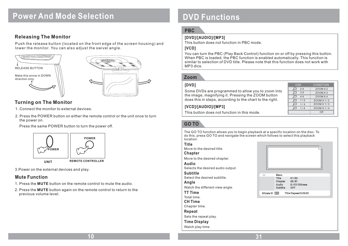 Power and mode selection, Dvd functions, Mute function | Releasing the monitor, Turning on the monitor, Zoom, Go to | EXONIC EXM 110HP User Manual | Page 10 / 20