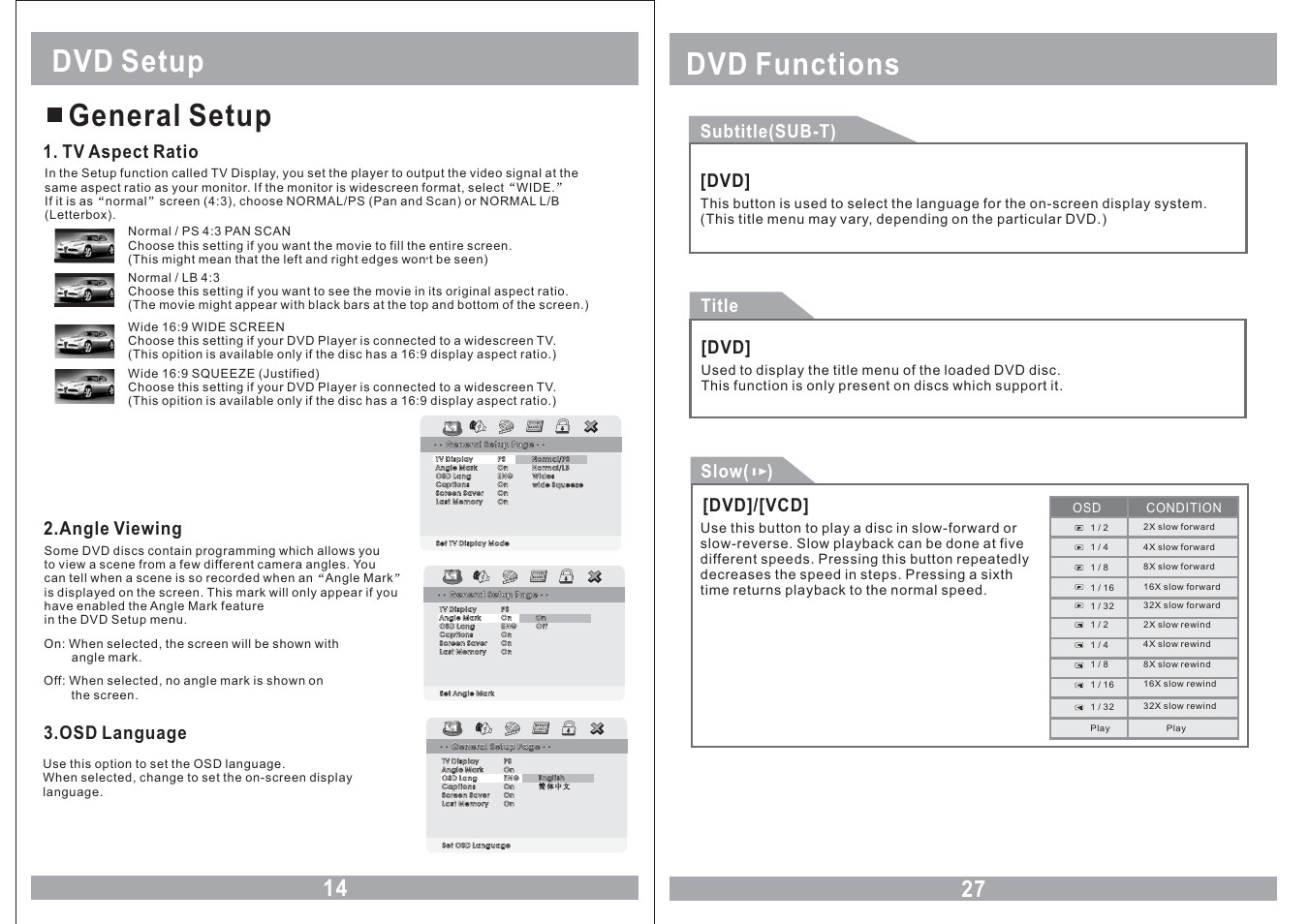 Dvd setup general setup, Dvd functions, Tv aspect ratio | Angle viewing, Osd language, Subtitle(sub-t), Title slow( ), Dvd] [dvd]/[vcd | EXONIC EXM 110HP User Manual | Page 14 / 20