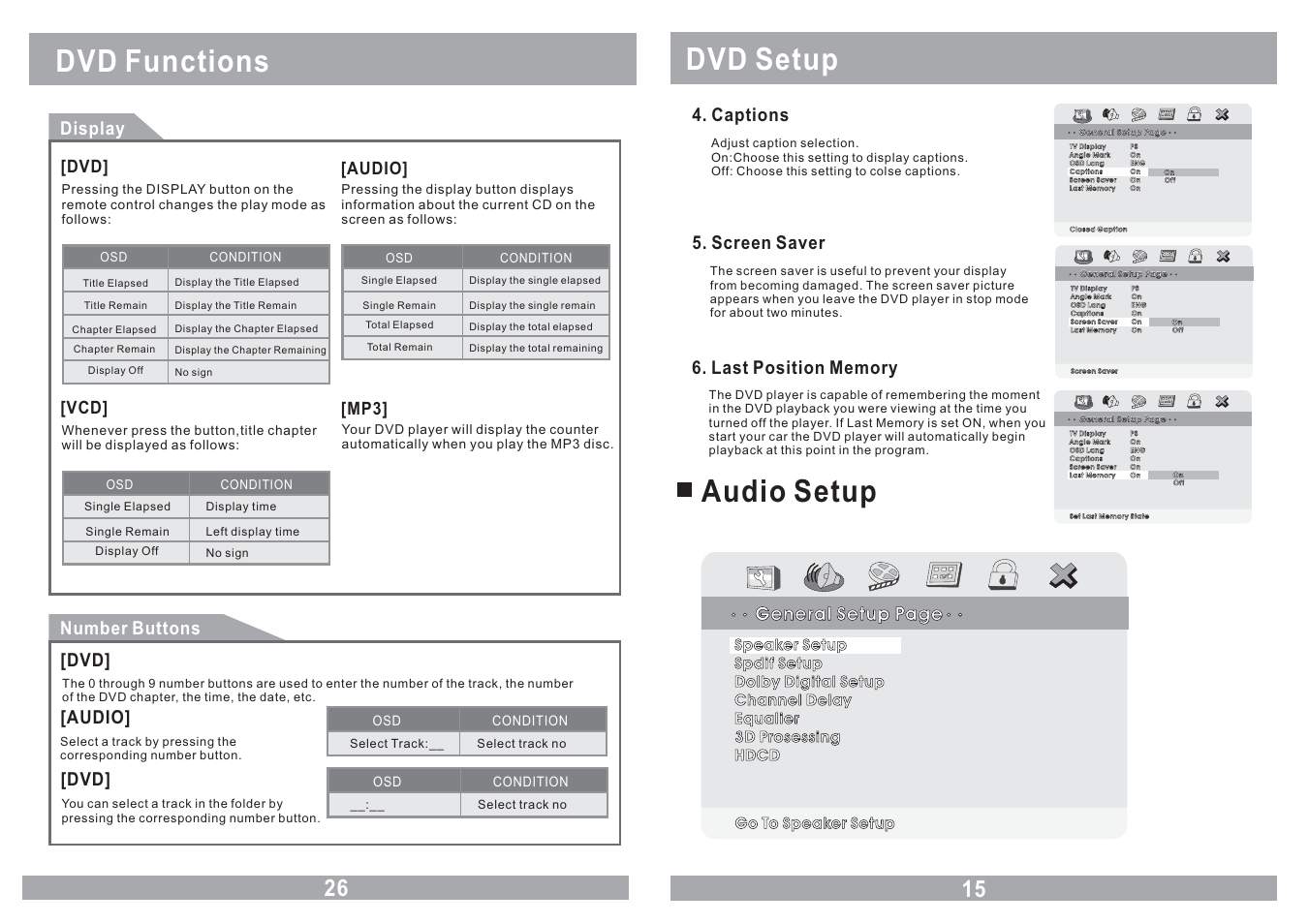 Dvd setup audio setup, Dvd functions, Captions 5. screen saver | General setup page, Display, Number buttons, Audio | EXONIC EXM 110HP User Manual | Page 15 / 20