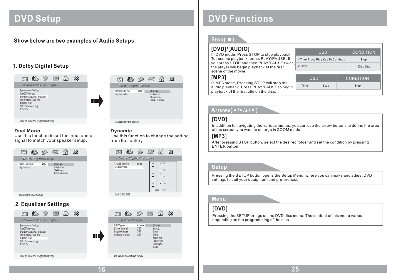 Dvd setup, Dvd functions, Dolby digital setup | Show below are two examples of audio setups, Equalizer settings, Stop( ), Dvd]/[audio, Mp3] menu, Arrows( / / / ), Setup | EXONIC EXM 110HP User Manual | Page 16 / 20