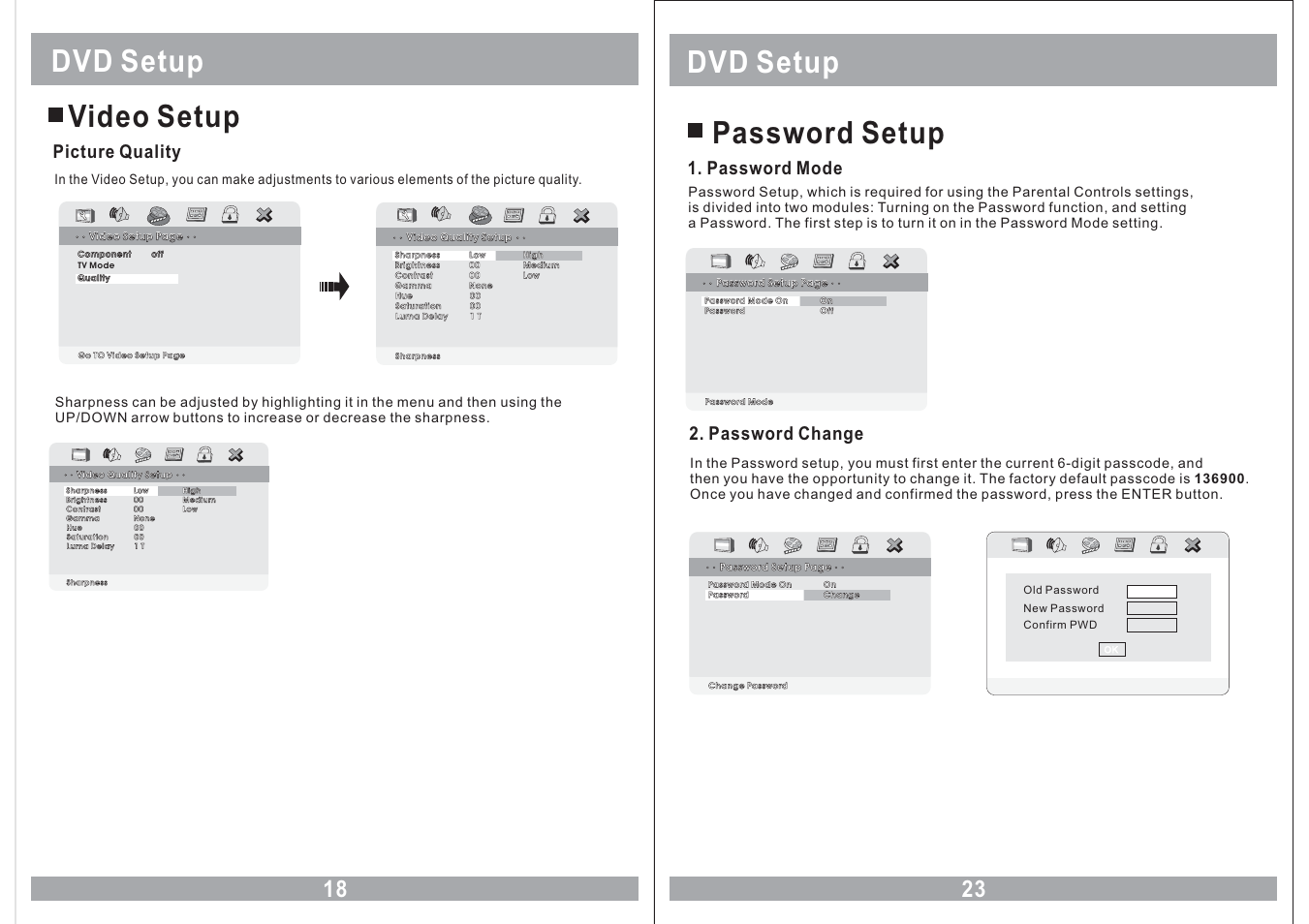 Dvd setup video setup, Dvd setup password setup, Picture quality | Password mode, Password change | EXONIC EXM 110HP User Manual | Page 18 / 20