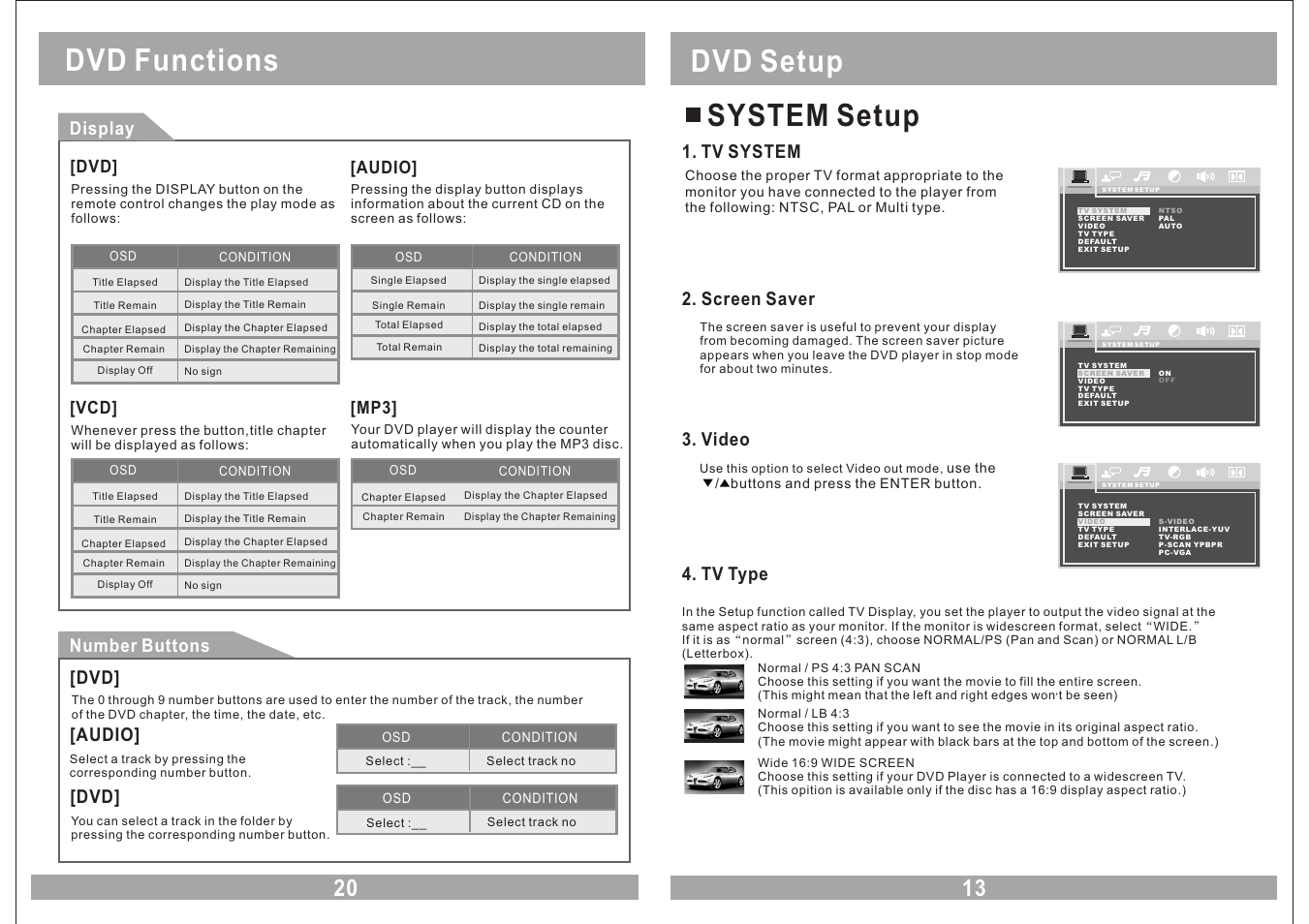 Dvd setup system setup, Dvd functions, Tv system | Screen saver, Video, Tv type, Display, Number buttons, Audio | EXONIC EXM 930HP User Manual | Page 13 / 16