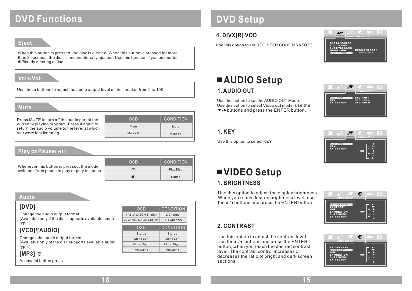 Dvd setup, Audio setup, Video setup | Dvd functions, Audio out, Brightness, Contrast, Divx[r] vod, Eject audio, Vcd]/[audio | EXONIC EXM 930HP User Manual | Page 15 / 16