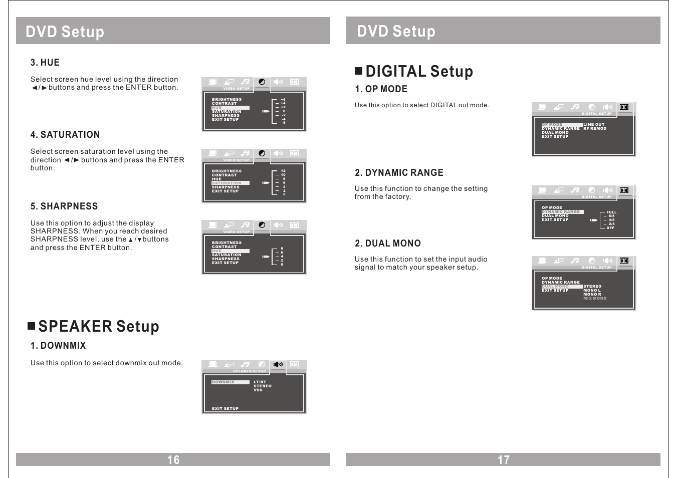 Dvd setup, Speaker setup, Digital setup | Saturation, Sharpness, Downmix, Op mode, Dynamic range, Dual mono | EXONIC EXM 930HP User Manual | Page 16 / 16