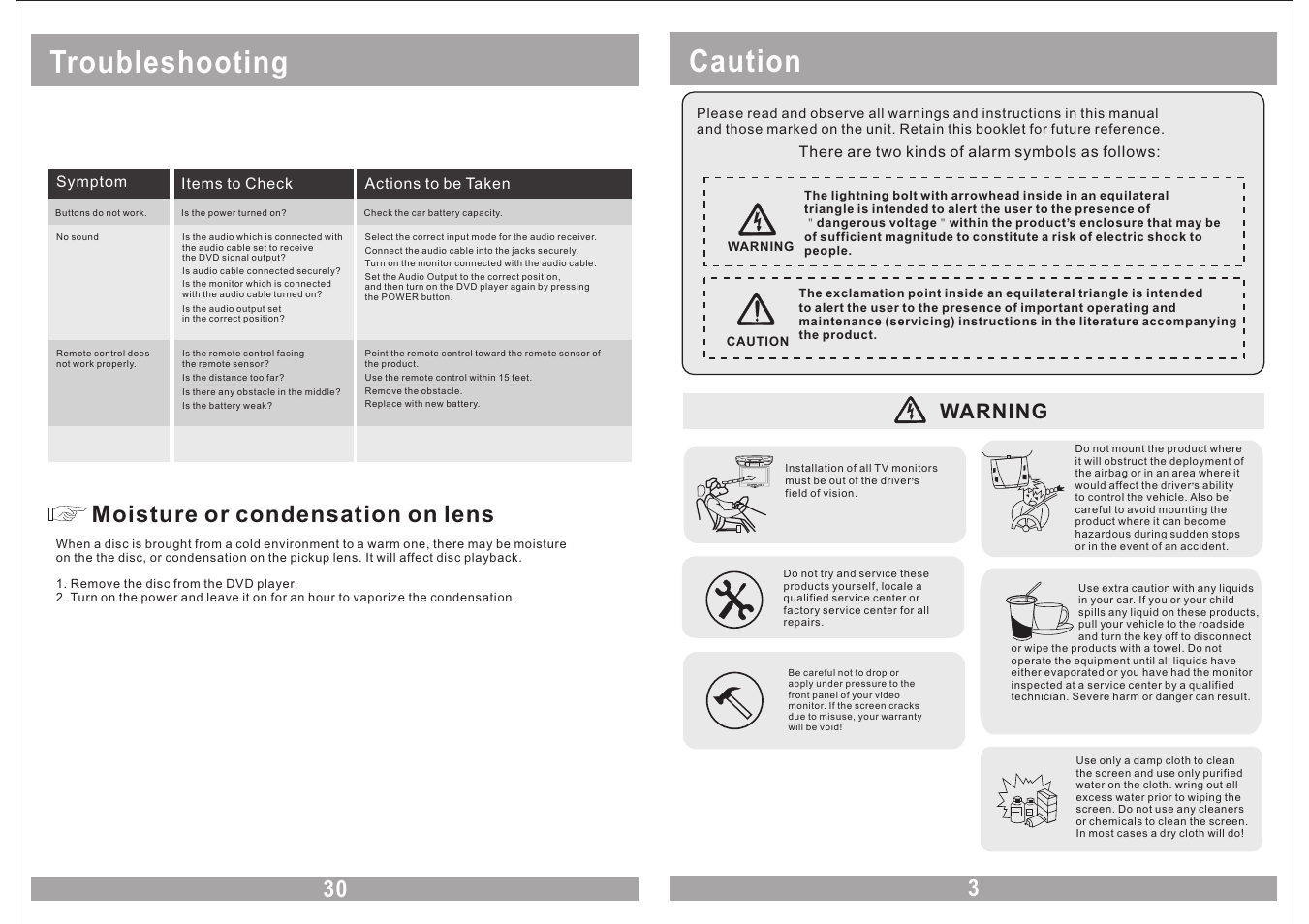 Caution, Troubleshooting, 30 moisture or condensation on lens | Warning, Power av menu | EXONIC EXM 930HP User Manual | Page 3 / 16
