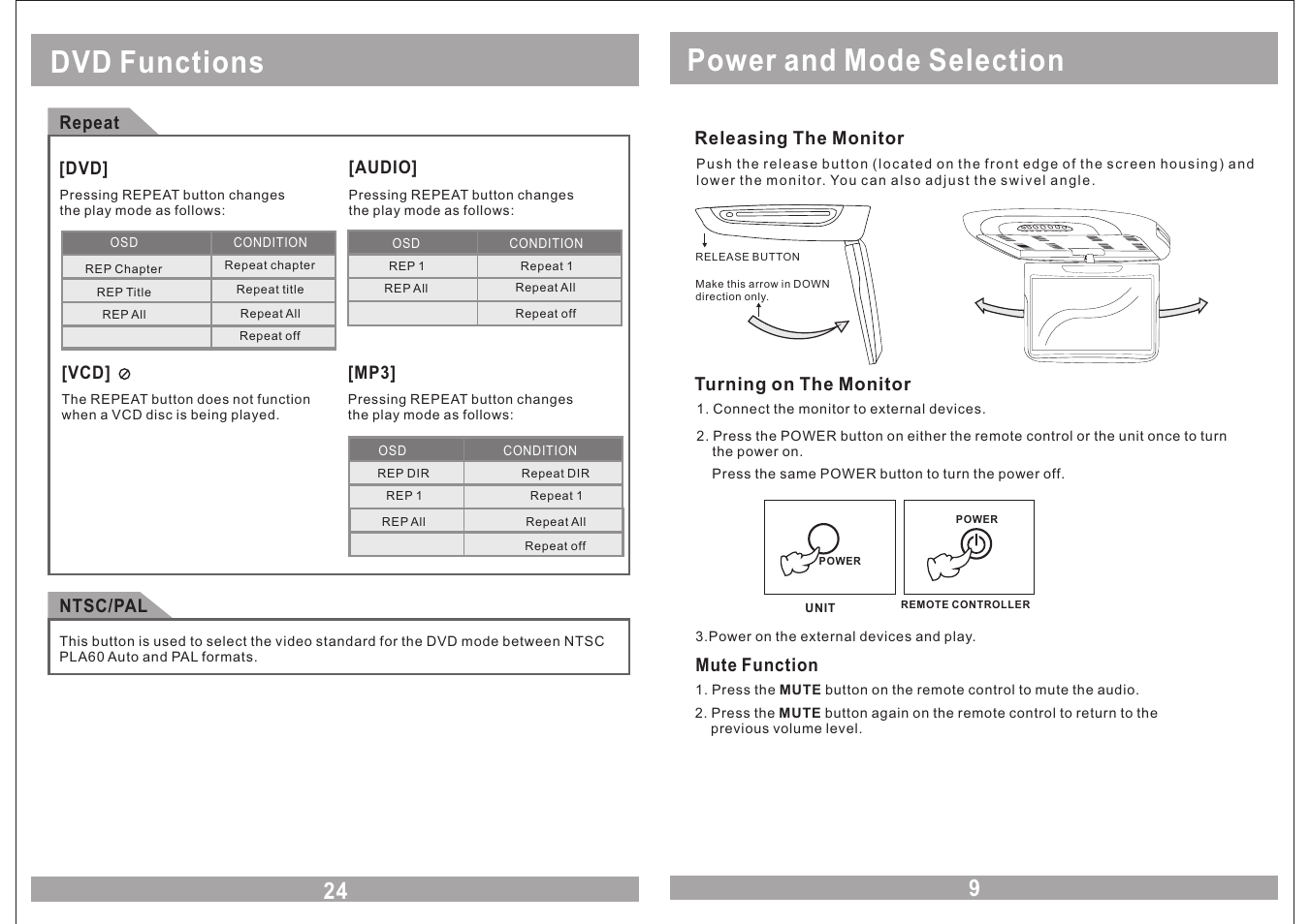 Power and mode selection, Dvd functions | EXONIC EXM 930HP User Manual | Page 9 / 16