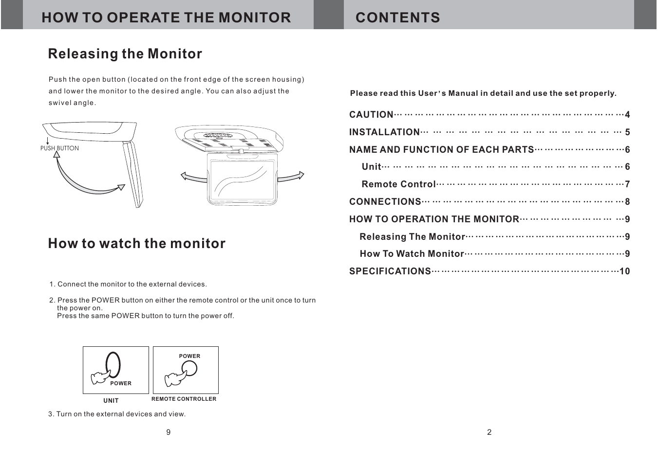 Contents how to operate the monitor, Releasing the monitor, How to watch the monitor | EXONIC EXM 1100 User Manual | Page 3 / 6