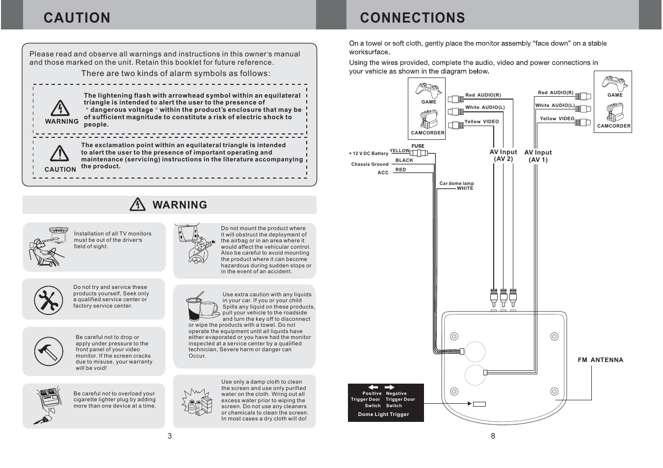 Connections caution, Warning, Power av menu | EXONIC EXM 1100 User Manual | Page 4 / 6