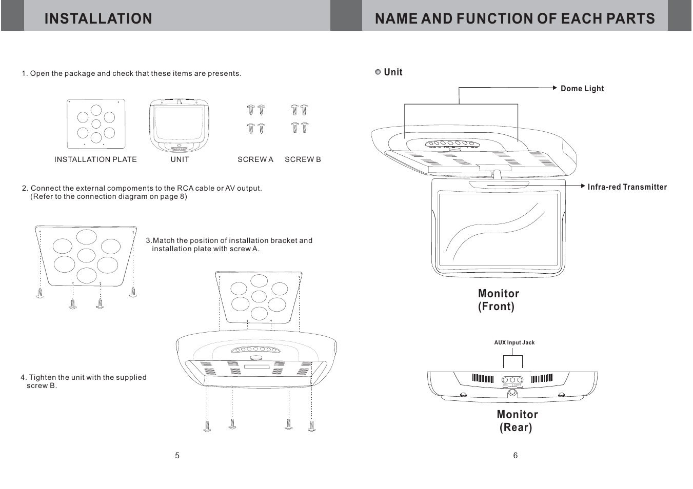 Installation name and function of each parts, Monitor (front) monitor (rear) | EXONIC EXM 1100 User Manual | Page 6 / 6