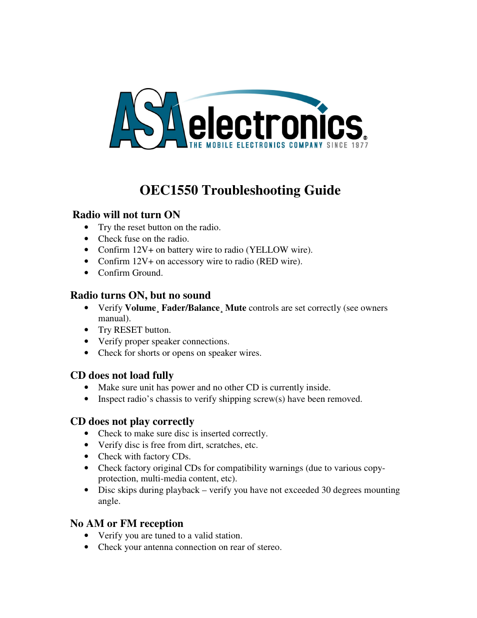 ASA Electronics Radio OEC1550 User Manual | 2 pages