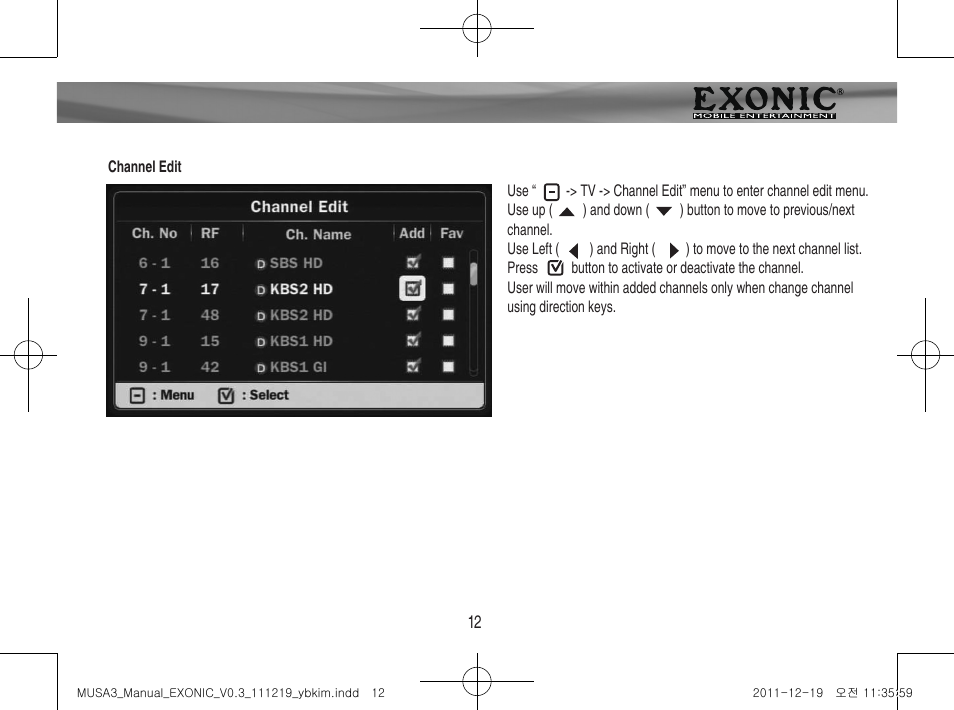Menu operation | EXONIC EXDTV 200MH User Manual | Page 12 / 28
