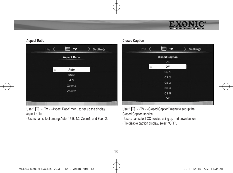 Menu operation | EXONIC EXDTV 200MH User Manual | Page 13 / 28