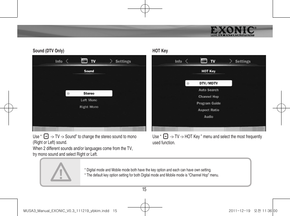 Menu operation | EXONIC EXDTV 200MH User Manual | Page 15 / 28