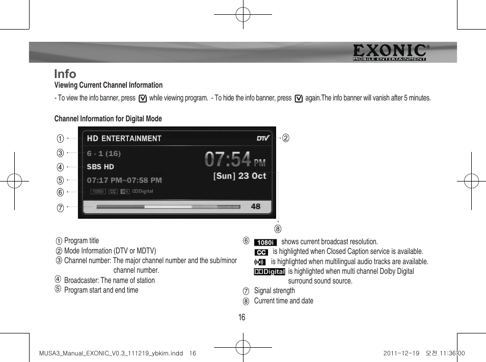 Menu operation, Info | EXONIC EXDTV 200MH User Manual | Page 16 / 28