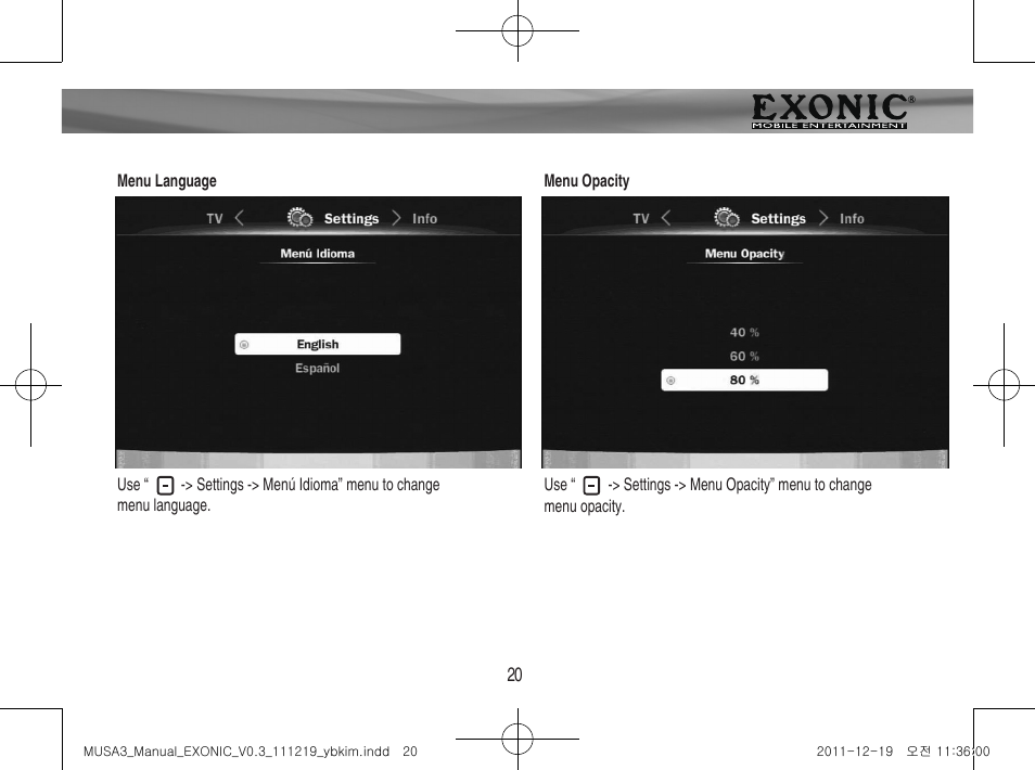 Menu operation | EXONIC EXDTV 200MH User Manual | Page 20 / 28