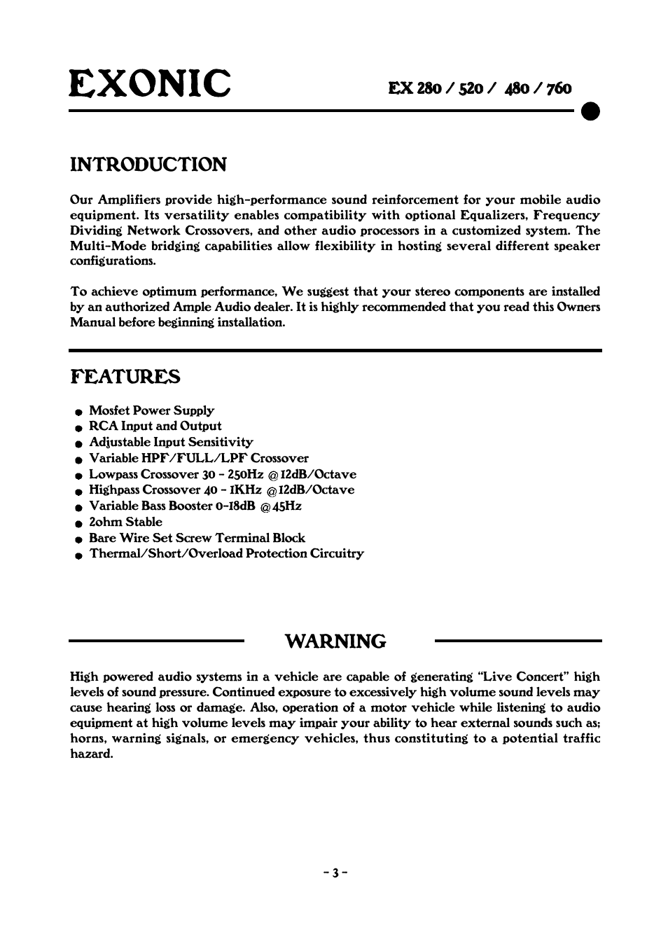 Introduction, Features, Warning | EXONIC EX 2&4CH User Manual | Page 3 / 16