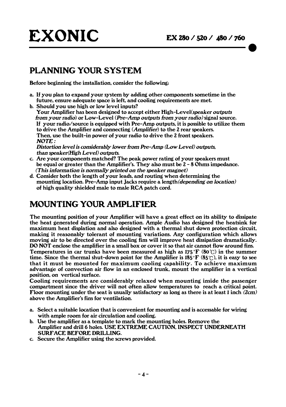 Planning your system, Mounting your amplifier | EXONIC EX 2&4CH User Manual | Page 4 / 16