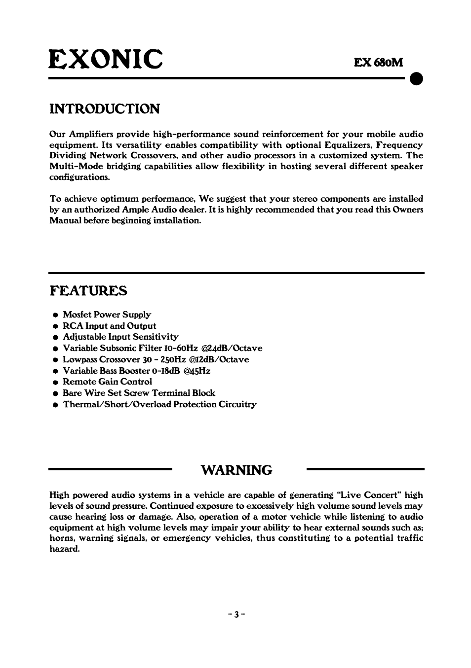Introduction, Features, Warning | EXONIC EX 680M User Manual | Page 3 / 12